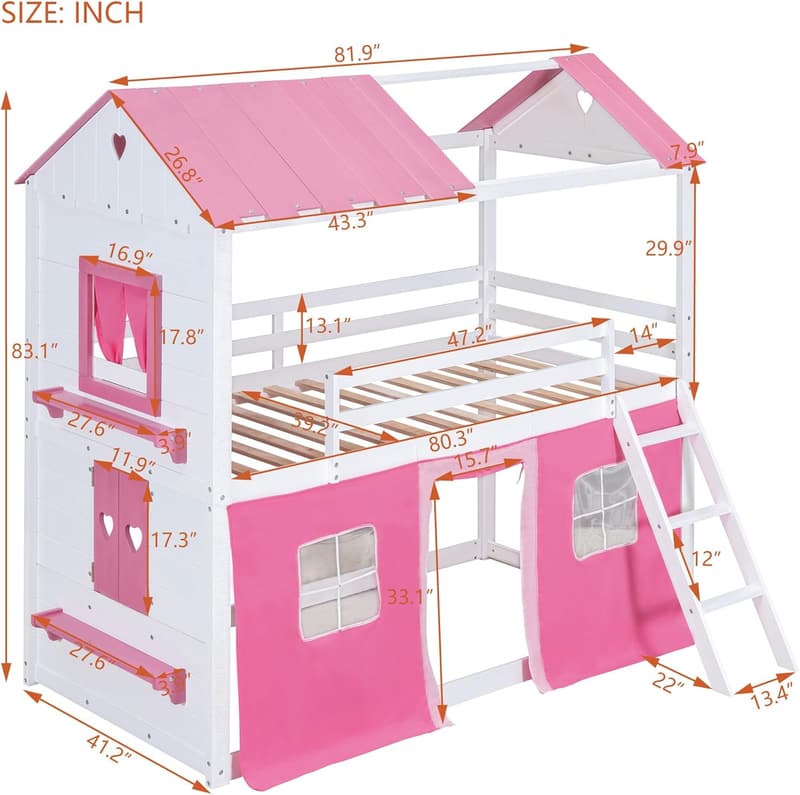 Castle Design Twin Bunk Bed with Guardrails & Tent - Pink/White