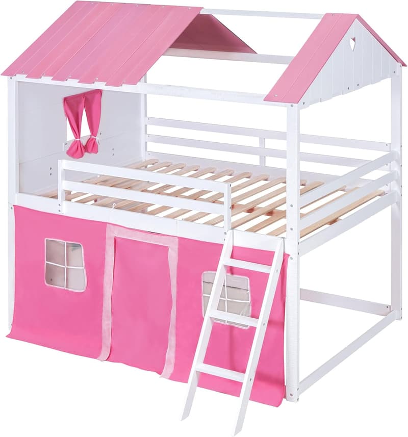 Kids Twin Loft Bunk Bed with Tent, Ladder & Guardrail (Pink)