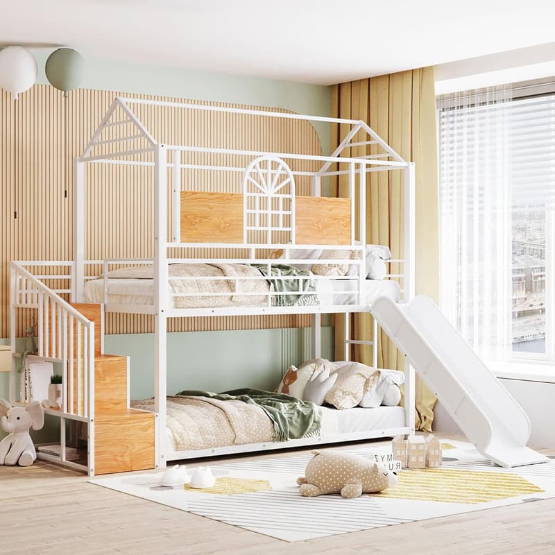 Twin Bunk Bed with Slide and Stairs for Kids (White)