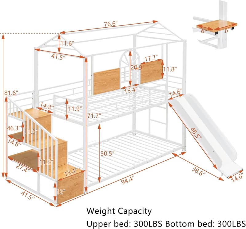 Twin Bunk Bed with Slide and Stairs for Kids (White)