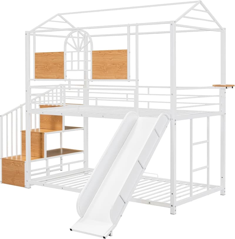 Twin Bunk Bed with Slide and Stairs for Kids (White)