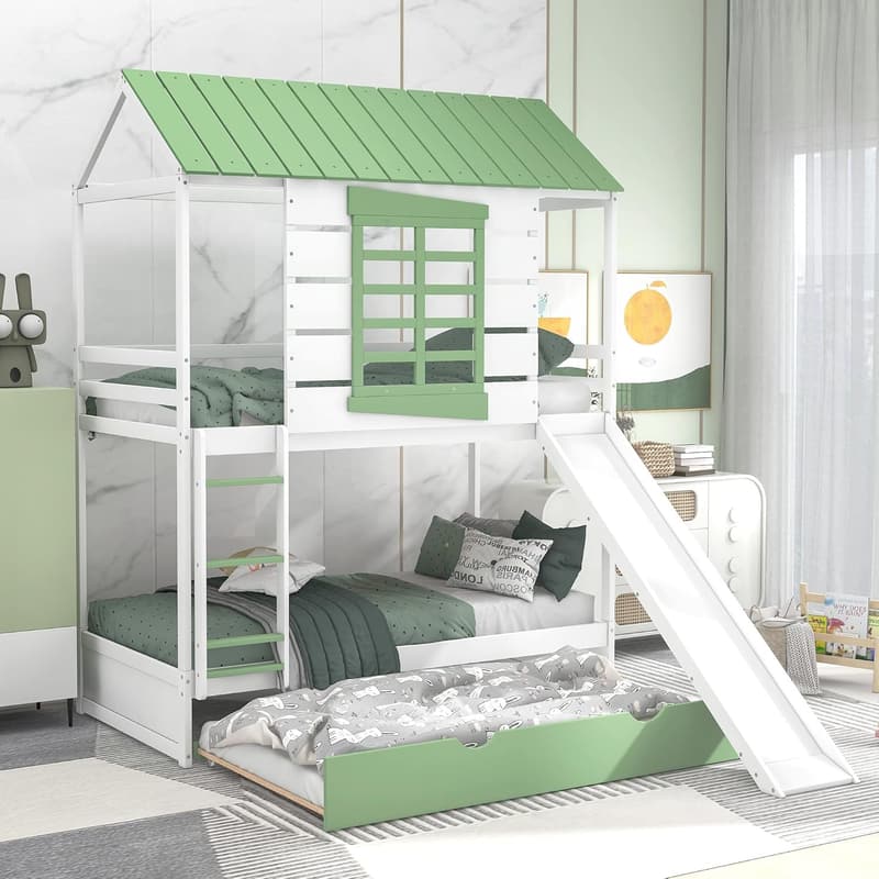 Twin Over Twin Bunk Bed with Slide and Trundle for Kids