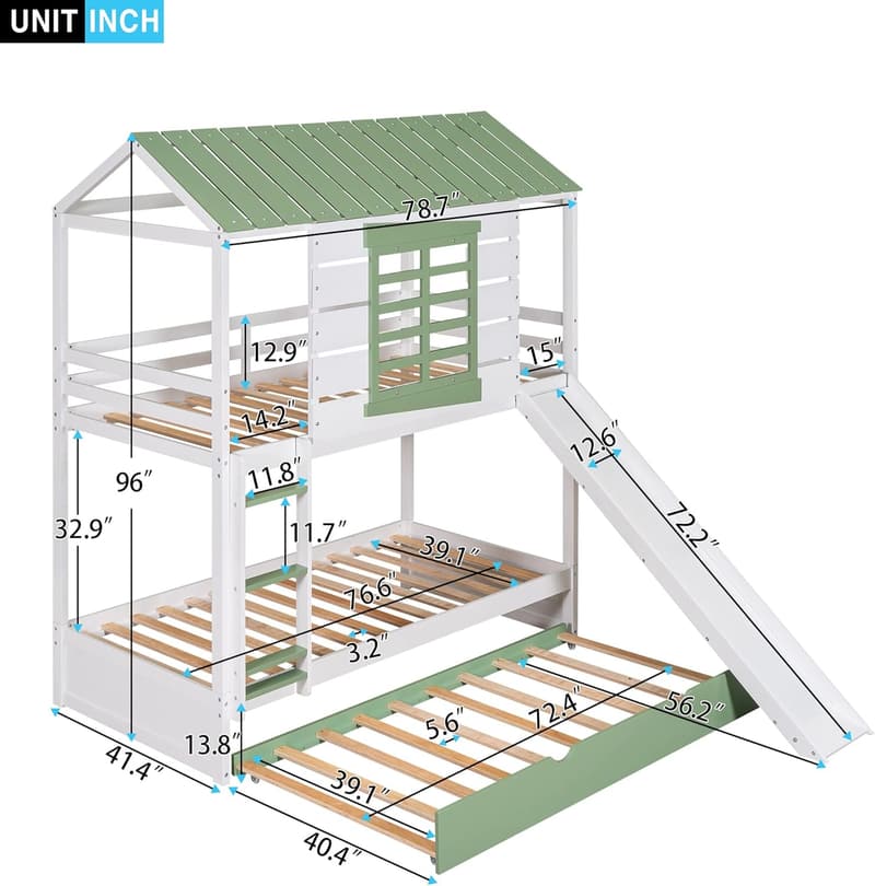 Twin Over Twin Bunk Bed with Slide and Trundle for Kids