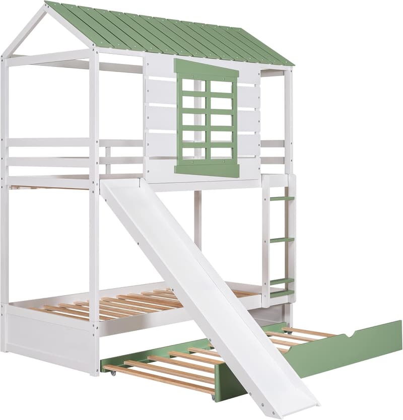 Twin Over Twin Bunk Bed with Slide and Trundle for Kids