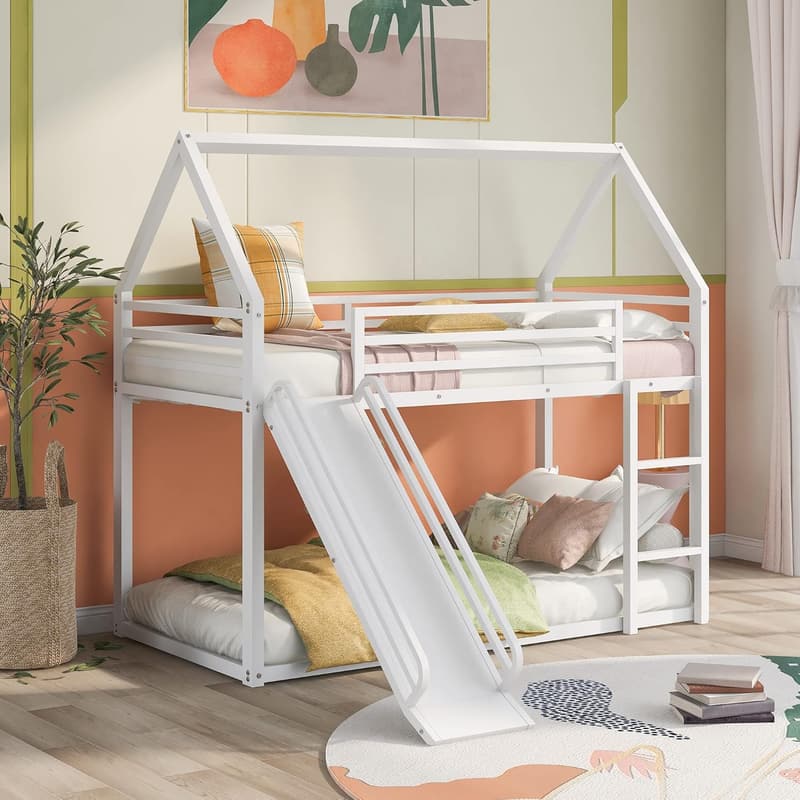 Twin Metal Bunk Bed with Slide for Kids - No Box Spring Needed