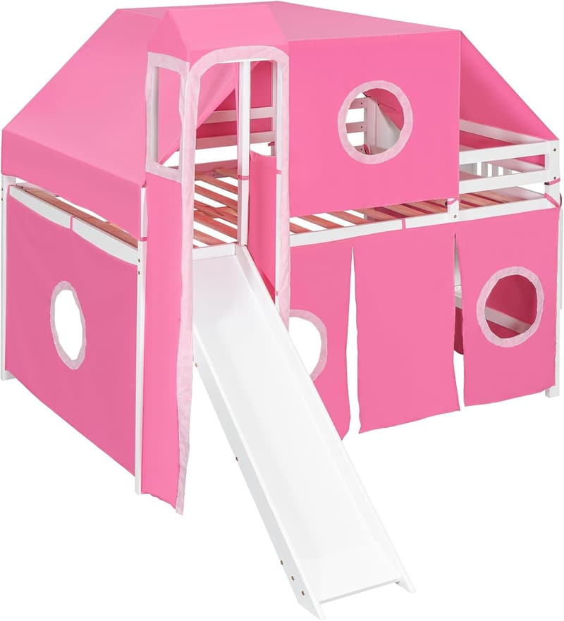 Low Loft Bed with Slide & Storage Stairs for Kids, Pink
