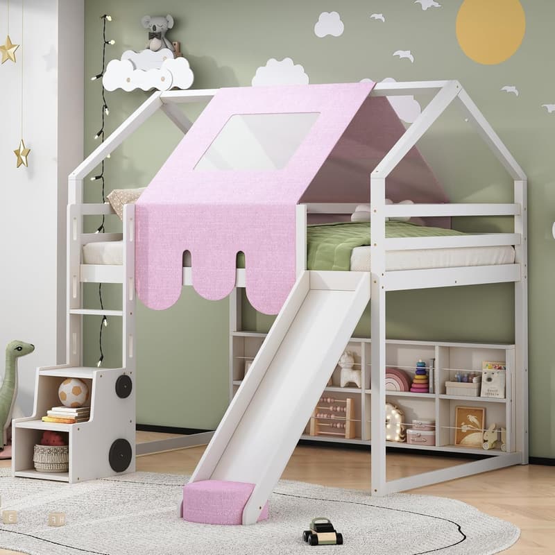 Loft Bed with Tent and Storage for Kids – Space Saving Design, White
