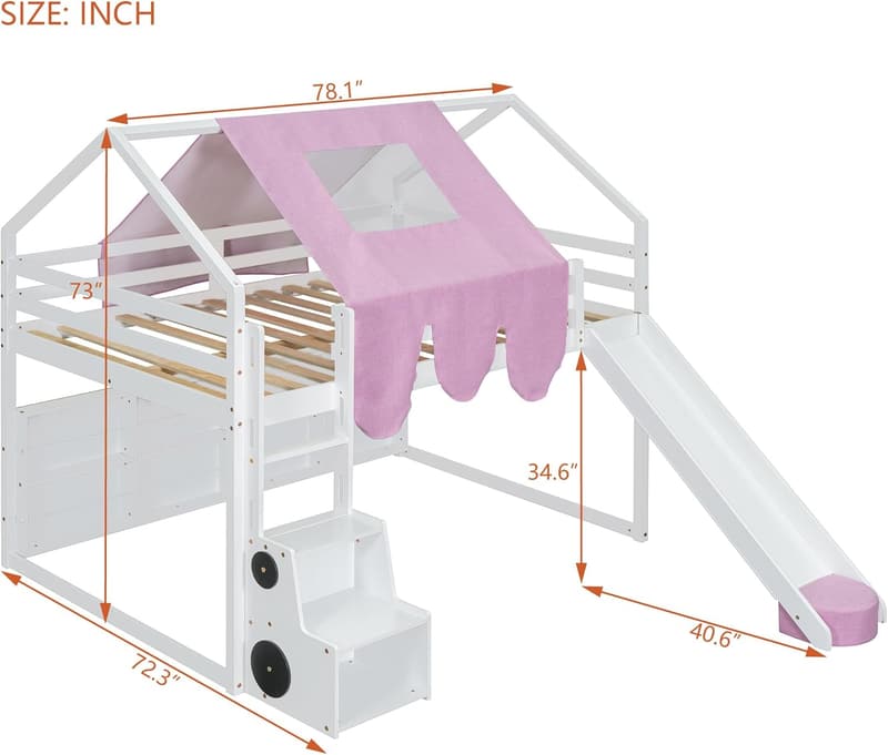 Loft Bed with Tent and Storage for Kids – Space Saving Design, White