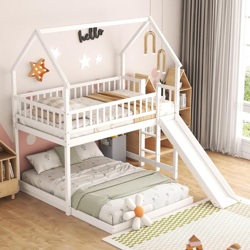 Wooden Twin Over Full House Bunk Bed with Slide, 白