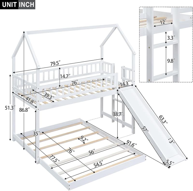Wooden Twin Over Full House Bunk Bed with Slide, 白