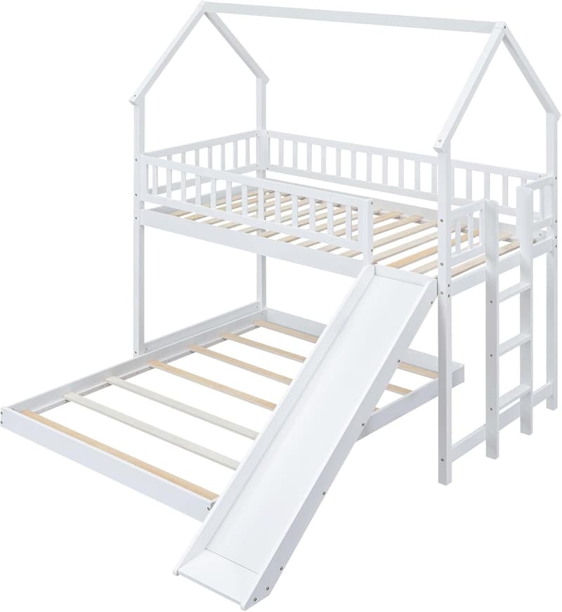 Wooden Twin Over Full House Bunk Bed with Slide, 白