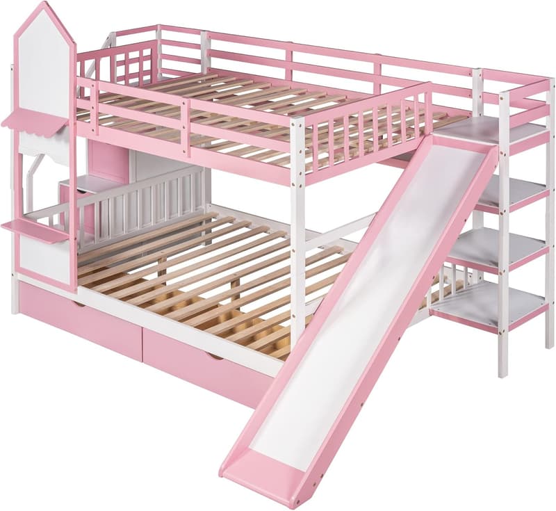 Castle Style Full-Over-Full Bunk Bed with Storage – Pink