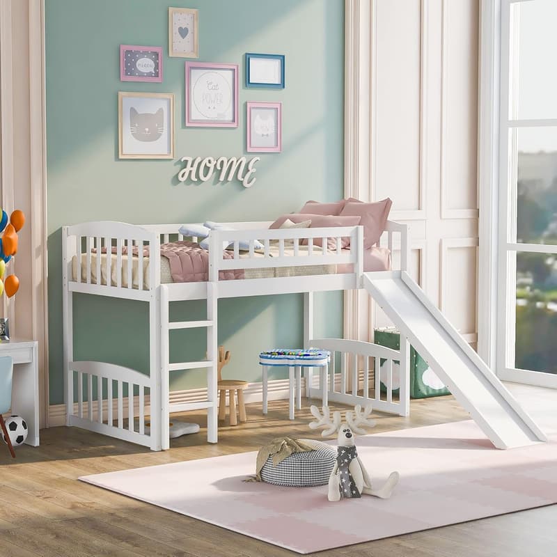 Low Loft Bed with Slide for Kids, White Wood