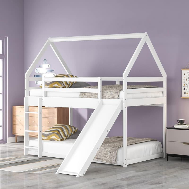 Kids Twin Over Twin Bunk Bed with Slide, Solid Wood (白)