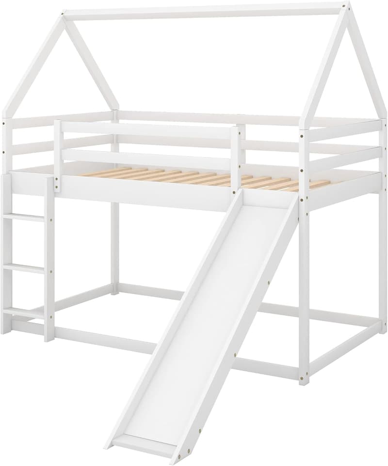 Kids Twin Over Twin Bunk Bed with Slide, Solid Wood (白)