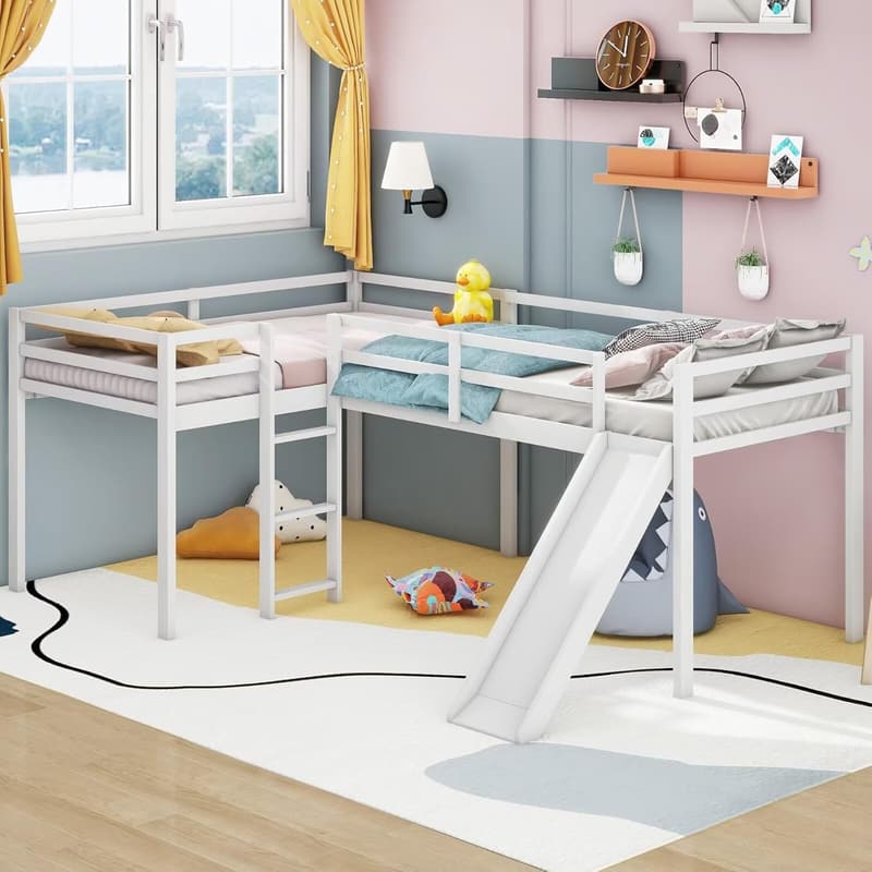 L-Shaped Twin Loft Bed Frame with Slide and Guardrail, 白