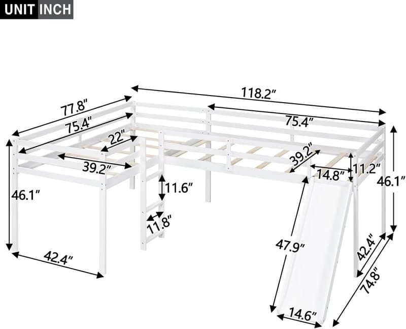 L-Shaped Twin Loft Bed Frame with Slide and Guardrail, 白