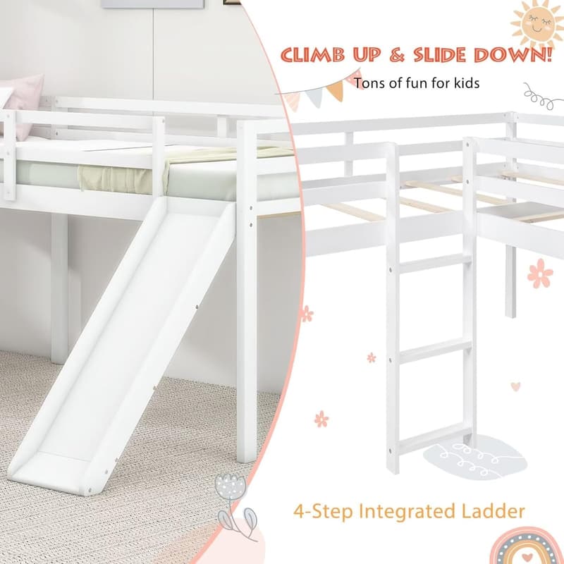 L-Shaped Twin Loft Bed Frame with Slide and Guardrail, 白
