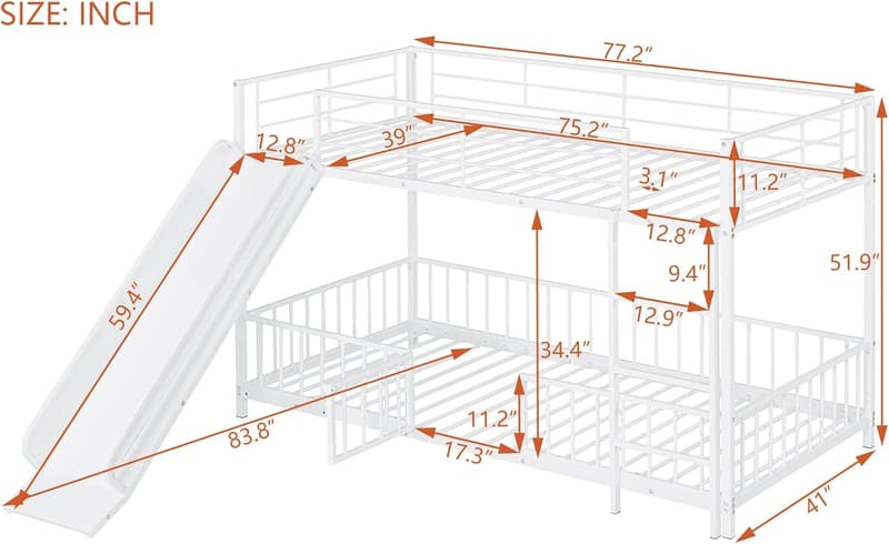 Twin Over Twin Metal Bunk Bed with Slide & Removable Fence for Kids
