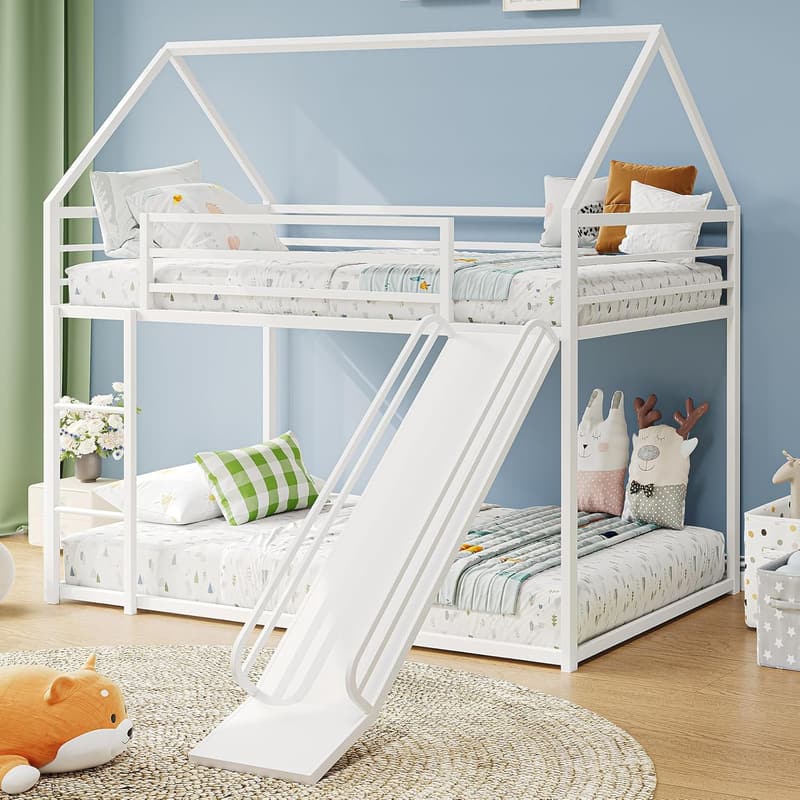 Montessori Twin-Over-Twin Bunk Bed with Convertible Slide, 白