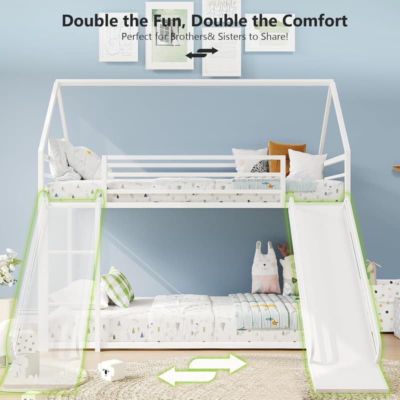 Montessori Twin-Over-Twin Bunk Bed with Convertible Slide, 白