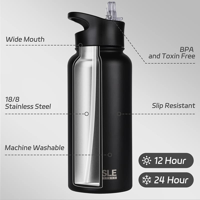 32 oz Insulated Stainless Steel Water Bottle with 2 Lids