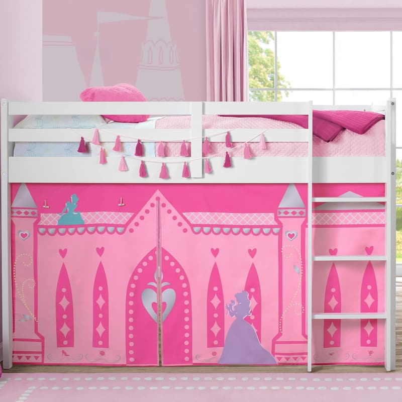 Disney Princess Twin Loft Bed with Guardrail & Tent, White