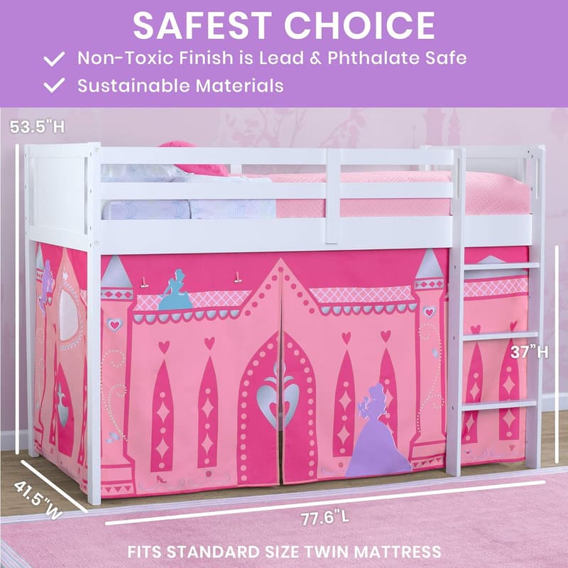 Disney Princess Twin Loft Bed with Guardrail & Tent, White