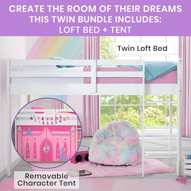 Disney Princess Twin Loft Bed with Guardrail & Tent, White