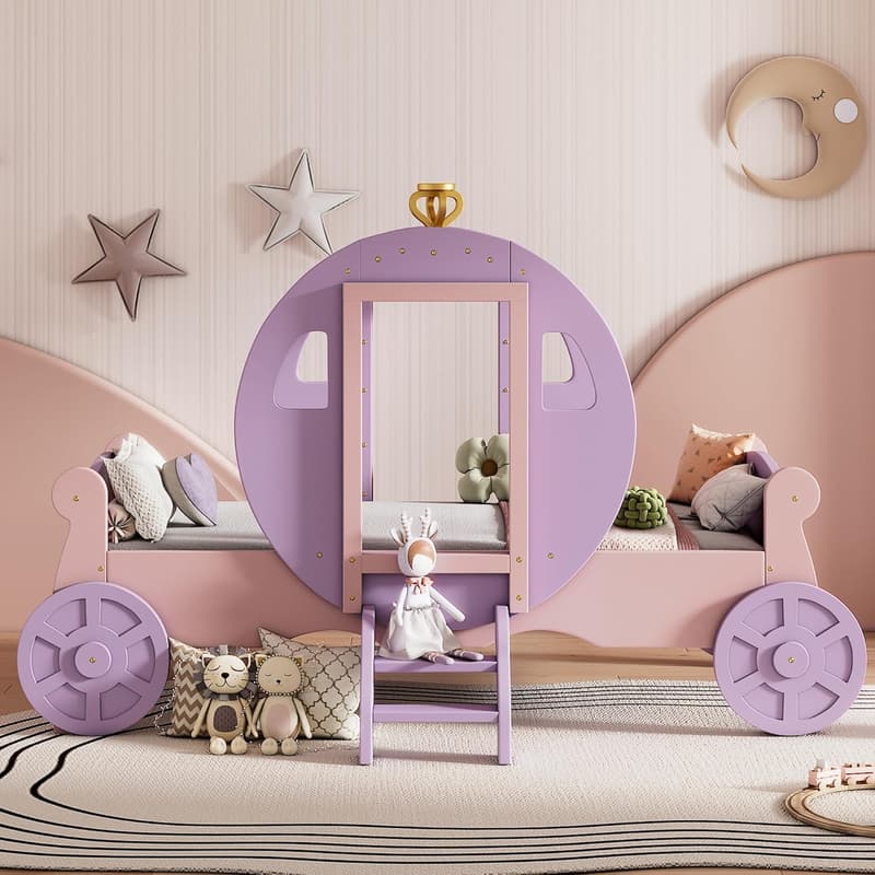 Princess Twin Bed Frame with Carriage Design for Girls, Pink/Purple