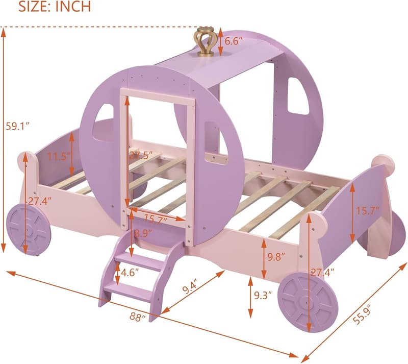 Princess Twin Bed Frame with Carriage Design for Girls, Pink/Purple