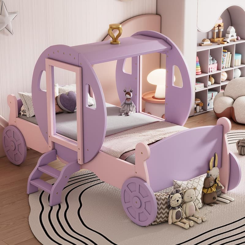 Princess Twin Bed Frame with Carriage Design for Girls, Pink/Purple