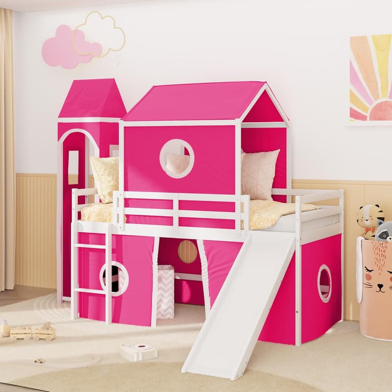 Castle Loft Bed with Slide and Tent for Kids, Twin Size (Pink)