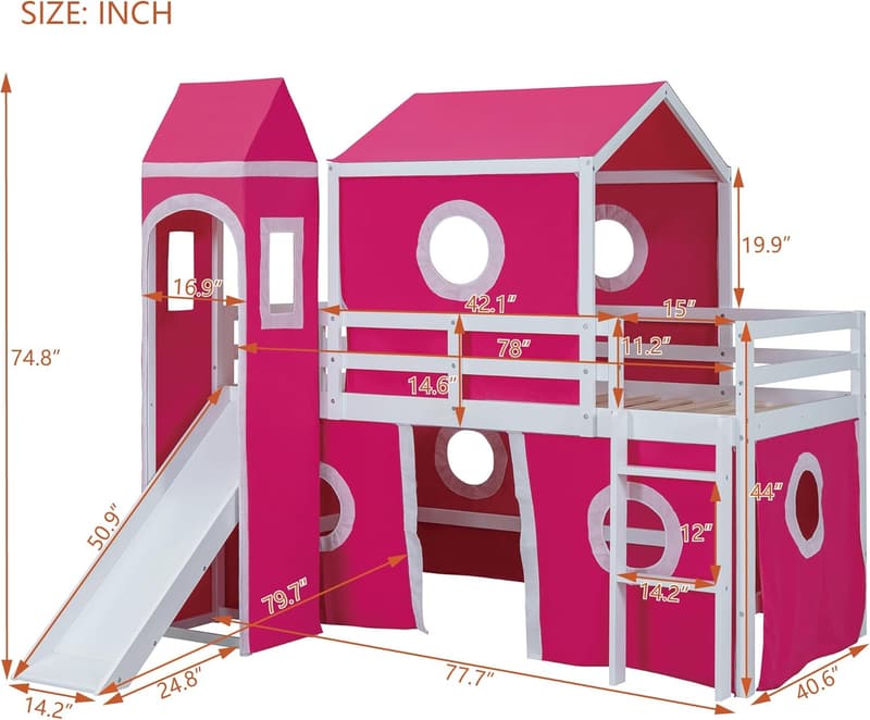 Castle Loft Bed with Slide and Tent for Kids, Twin Size (Pink)