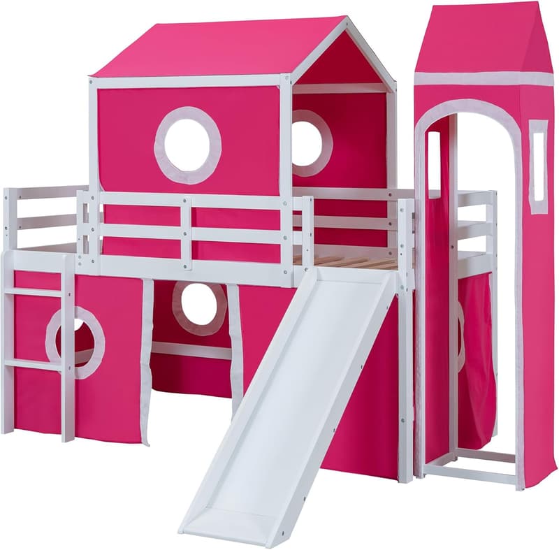 Castle Loft Bed with Slide and Tent for Kids, Twin Size (Pink)