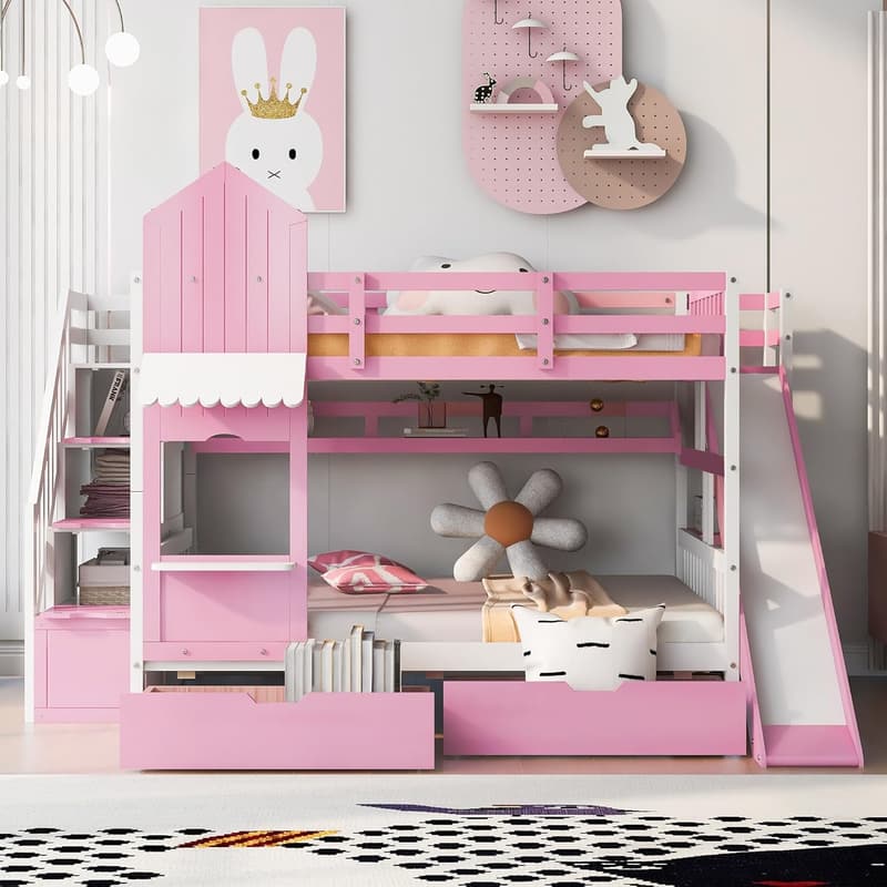 Castle Style Pink Full Bunk Bed with Stairs & Storage for Kids