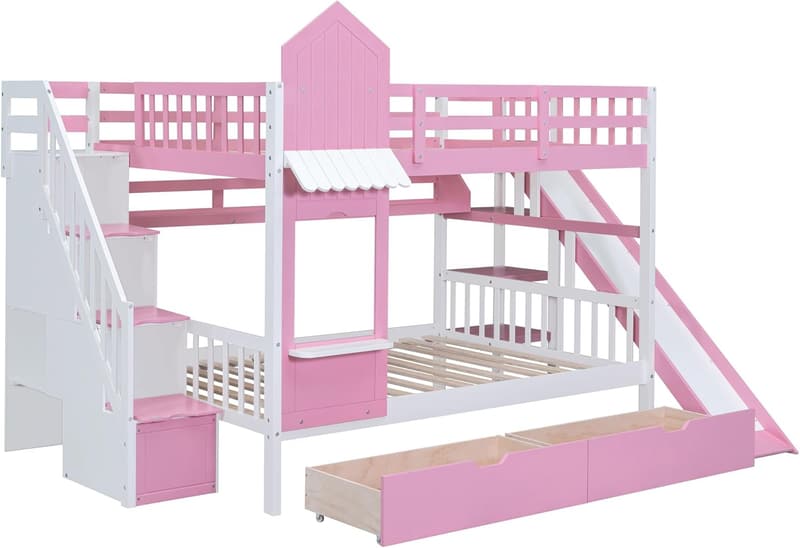 Castle Style Pink Full Bunk Bed with Stairs & Storage for Kids