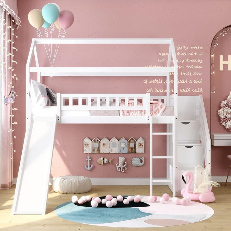 Twin Loft Bed with Slide & Storage Stairs, White