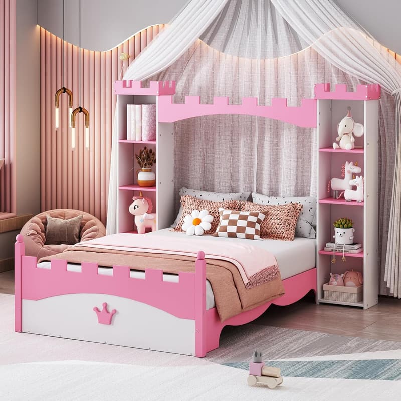 Castle-Shaped Twin Bed Frame with Storage for Kids' Bedroom