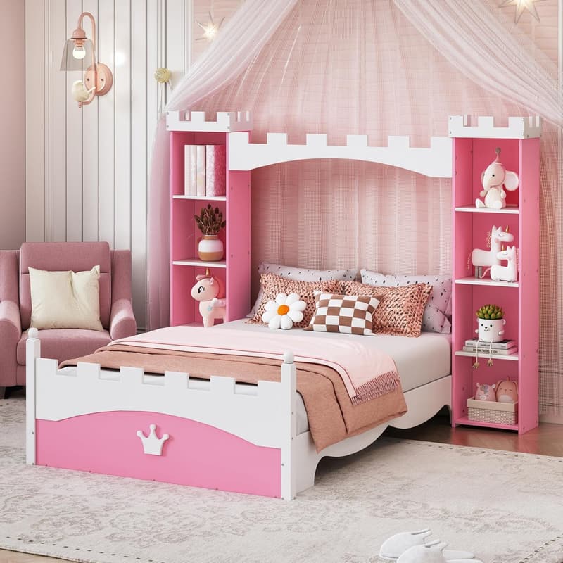 Girls' Twin Platform Bed Frame with Storage - Pink Castle Design