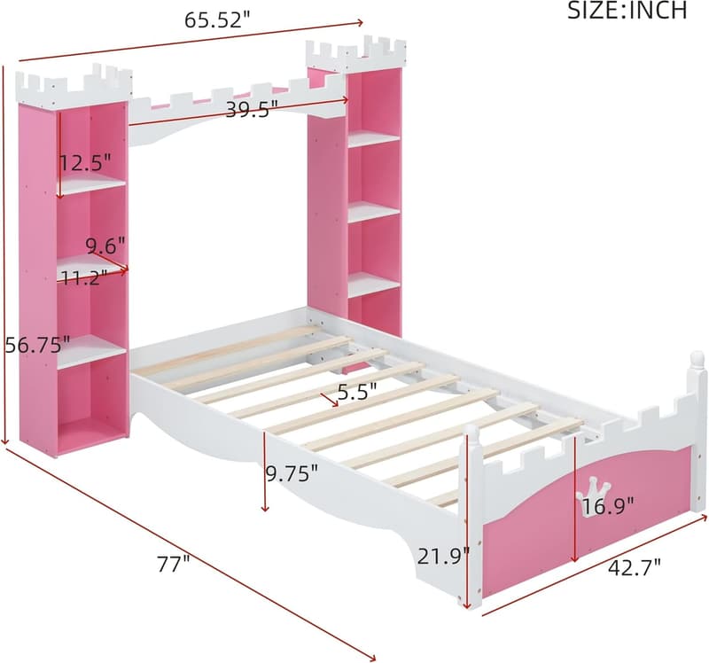 Girls' Twin Platform Bed Frame with Storage - Pink Castle Design