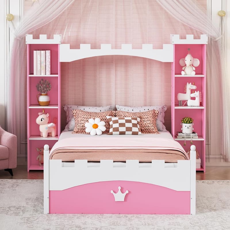 Girls' Twin Platform Bed Frame with Storage - Pink Castle Design