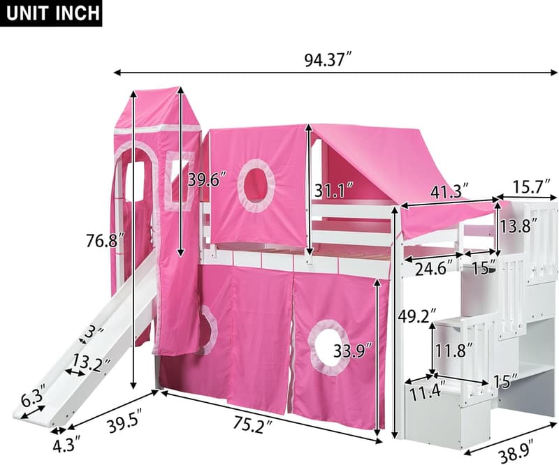Kids Loft Bed with Slide and Storage Stairs, Twin Size, Pink