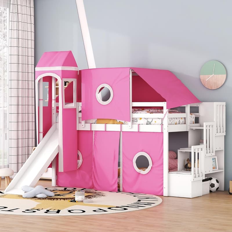 Kids Loft Bed with Slide and Storage Stairs, Twin Size, Pink