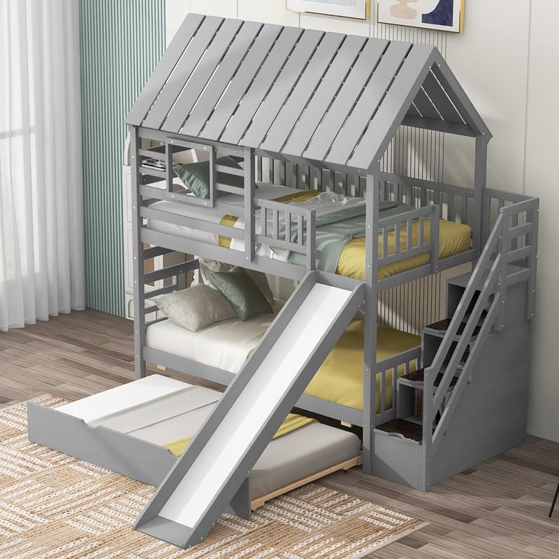 Twin Over Twin Wooden Bunk Bed with Stairs & Slide – Gray