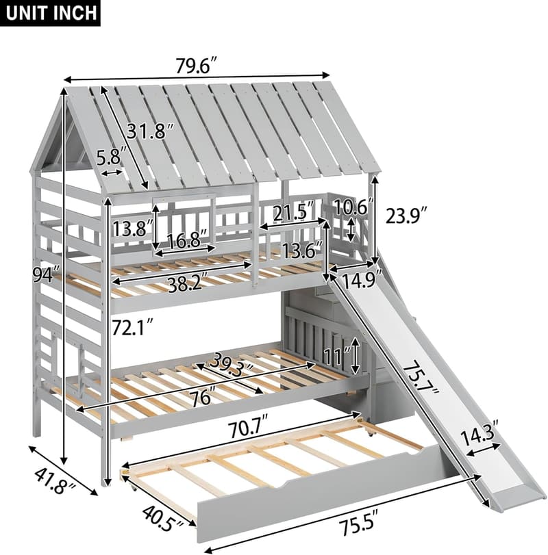 Twin Over Twin Wooden Bunk Bed with Stairs & Slide – Gray