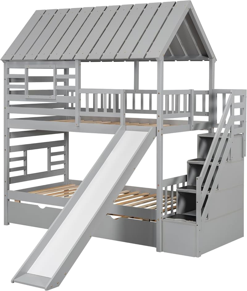 Twin Over Twin Wooden Bunk Bed with Stairs & Slide – Gray