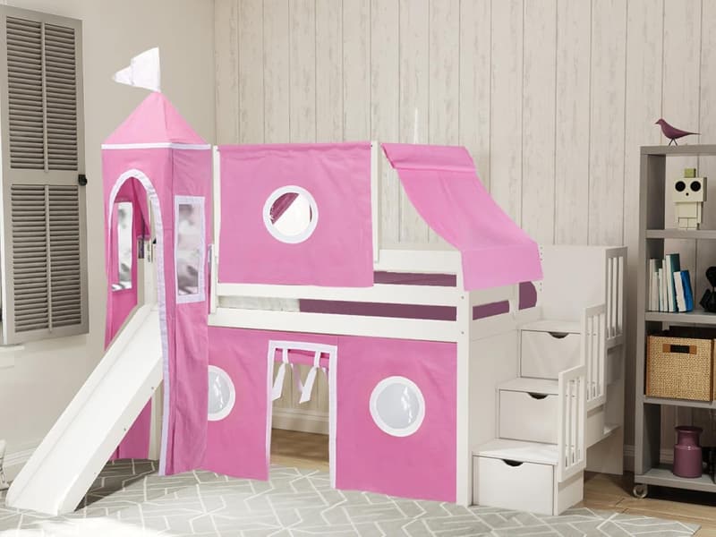 Princess Low Loft Bed with Slide, Pink & White Tent, Twin