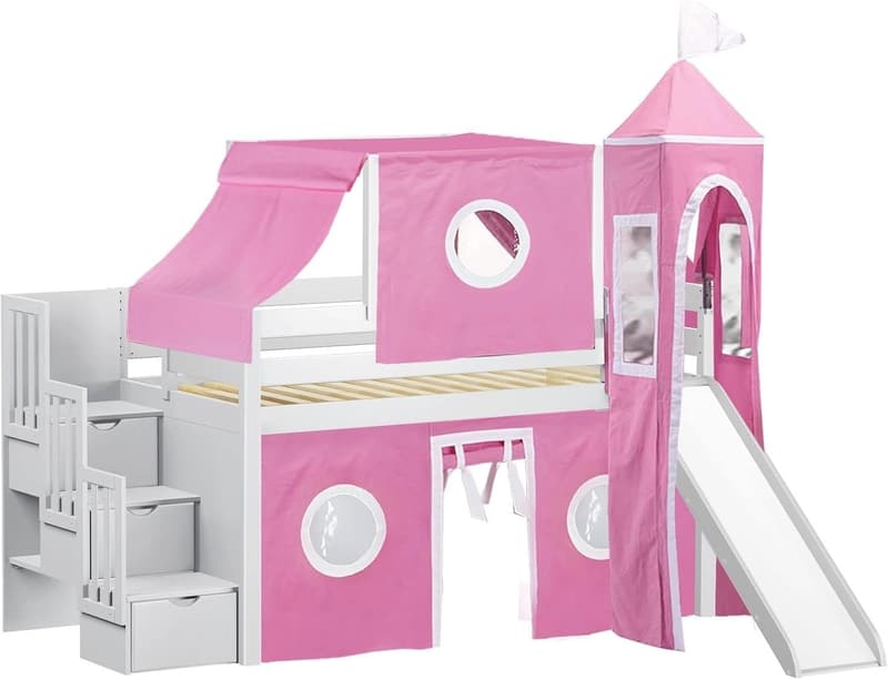 Princess Low Loft Bed with Slide, Pink & White Tent, Twin