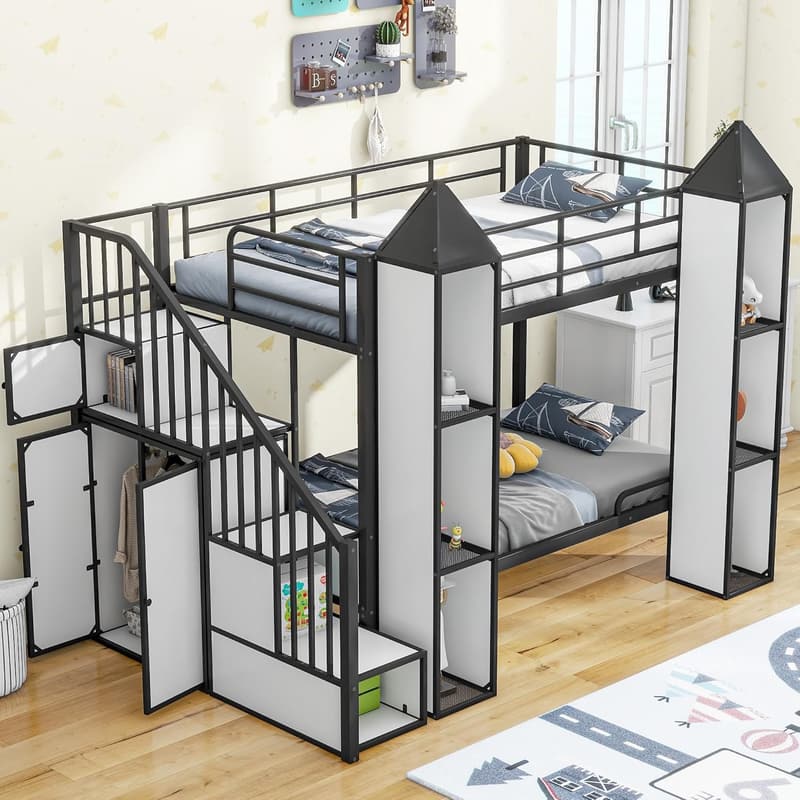 Castle-Shaped Twin Bunk Bed with Storage for Teens, Black